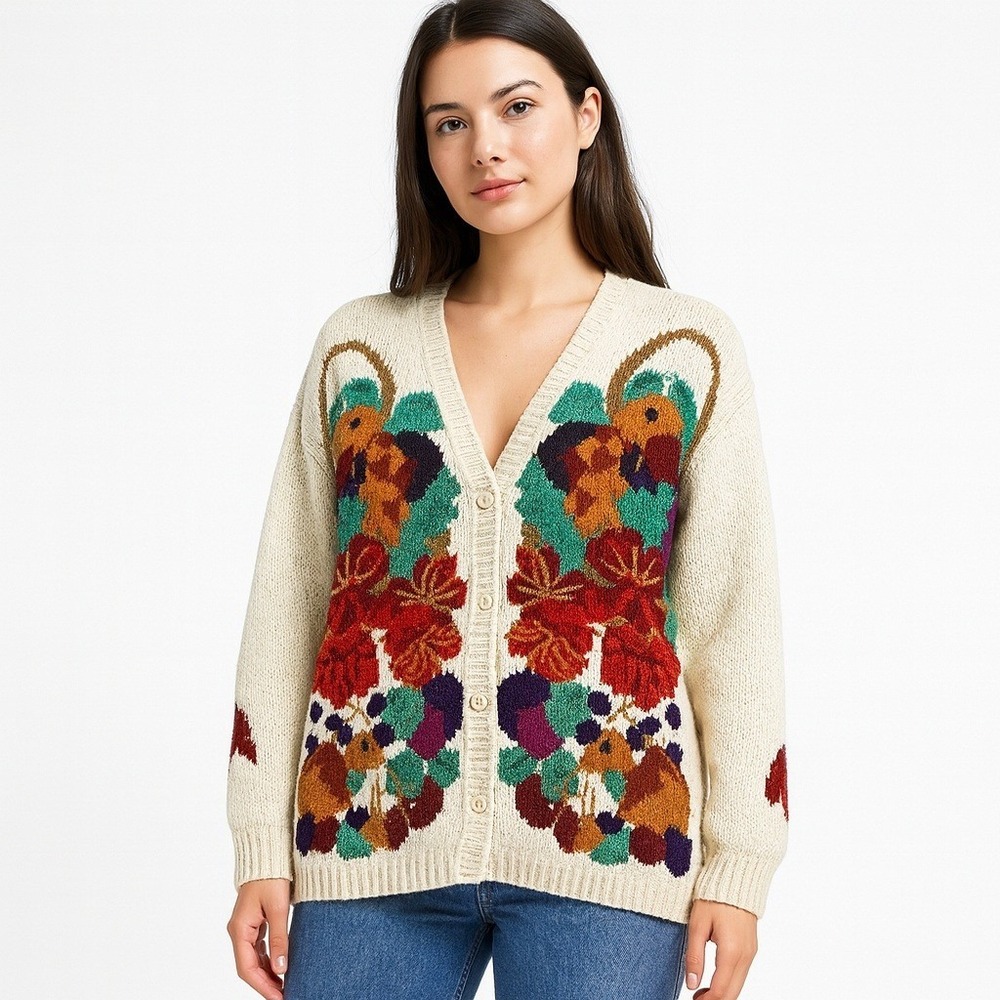 Lecomte Handknit Cardigan Womens Large Cream‎ Floral Butterfly Vintage Excellent